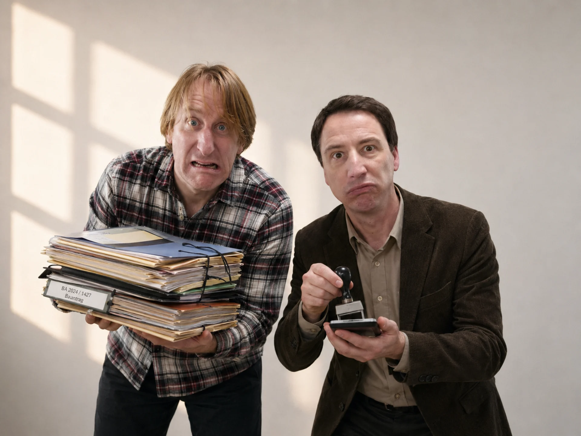 Michael Dannhauer und Thorsten Neumann als Verwaltungsbeamte mit Akten und Stempel