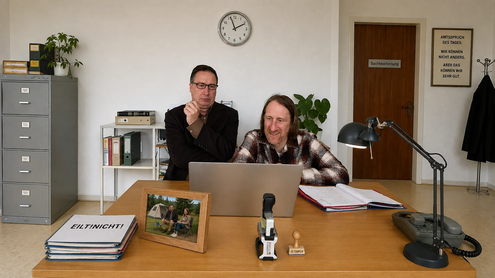Die beiden Verwaltungsbeamten an einem Schreibtisch im Amt